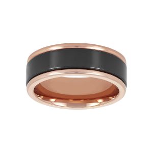 tungsten black and rose gold tone men's wedding band front view