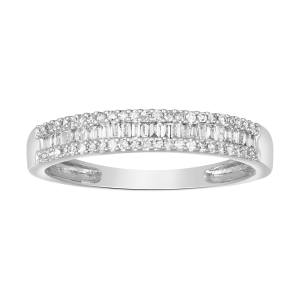 14k white gold baguette and round diamond wedding band front view