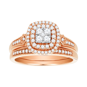 14k rose gold cushion double halo wedding set front view