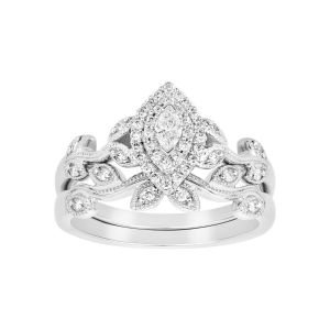 14k white gold marquise shaped floral vine design wedding set front view