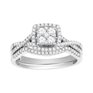 14k white gold cushion shaped halo with twist design wedding set front view