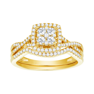 14k yellow gold cushion shaped halo with twist design wedding set front view