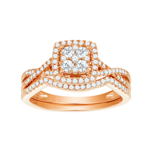 14k rose gold cushion shaped halo with twist design wedding set front view