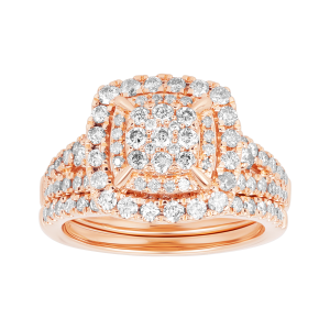 14K Rose Gold Cushion Head Claw Prong Wedding Set front view