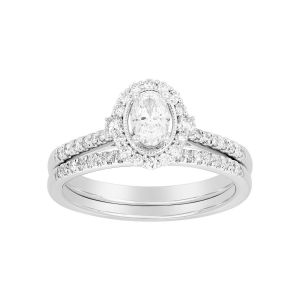 14k white gold oval halo wedding set front view