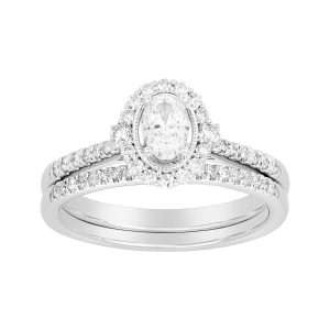 14k white gold oval halo wedding set front view