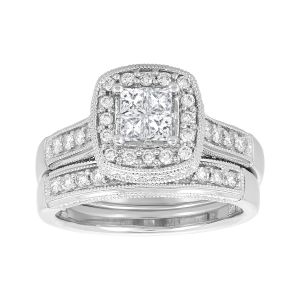 14k White Gold Princess Cut Antique Milgrain Halo Engagement Ring and Band