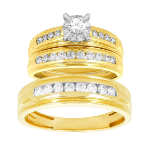 14k yellow gold round cut cluster diamond wedding trio