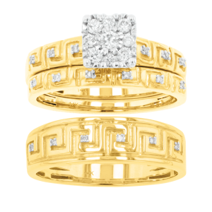 14K Yellow Gold Princess Head Greek Key Design Diamond Wedding Trio