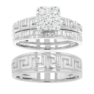 14K White Gold Princess Head Greek Key Design Diamond Wedding Trio