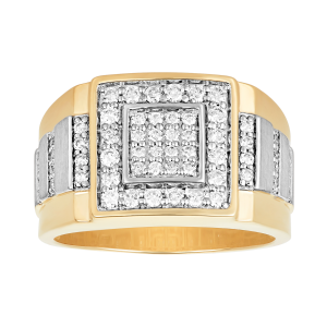 14k two tone gold square cluster top men's diamond ring