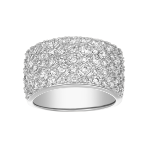 14k white gold round and baguette pattern wide ring front view