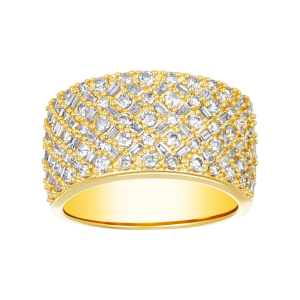 14k yellow gold round and baguette pattern wide ring front view