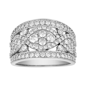 14k white gold 1.5 carat fancy pattern wide band ring front view