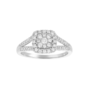 14k white gold cushion cluster diamond ring front view