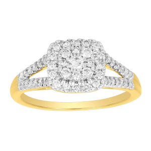 14k yellow gold cushion cluster diamond ring front view