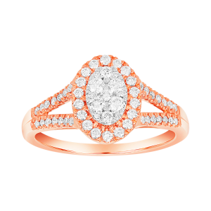 14k rose gold oval shaped cluster diamond ring front view