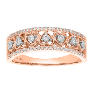 14k rose gold heart pattern diamond band front view