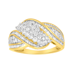14k yellow gold round and baguette cluster diamond ring front view