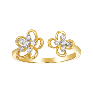 14K Yellow Gold Open Cuff with Diamond Flowers Ring