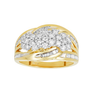14k yellow gold three flower cluster design diamond ring front view
