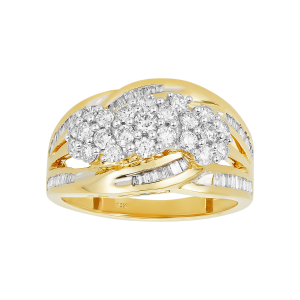 14k Yellow Gold Three Flower Cluster Design Diamond Ring 