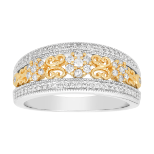 14K Two Tone Gold Flower Filigree Diamond Ring