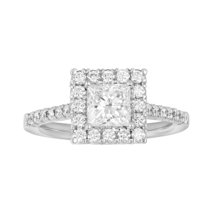 14k white gold princess cut lab grown diamond halo fancy solitaire ring front view
