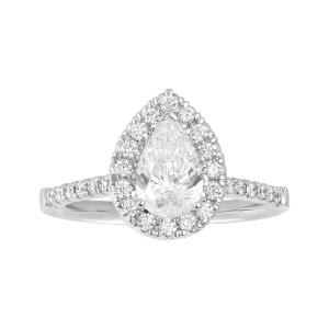14k white gold pear lab grown fancy halo solitaire ring front view