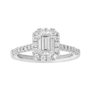 14k white gold emerald cut lab grown diamond halo fancy ring front view