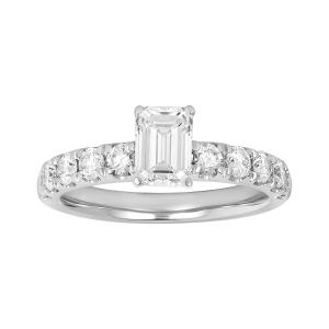 14k white gold emerald cut lab grown diamond pave shank ring front view