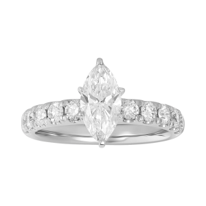 14k white gold marquise lab grown diamond pave shank ring front view