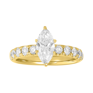 14k yellow gold marquise lab grown diamond pave shank ring front view