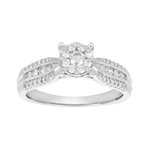 14k white gold round cluster diamond ring front view
