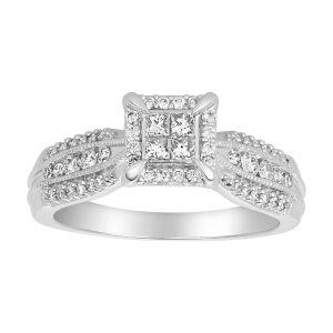 14k white gold quad head and milgrain design diamond ring front view
