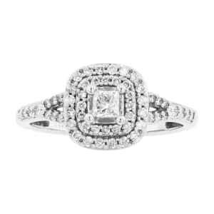 14k white gold princess cut double halo diamond ring front view