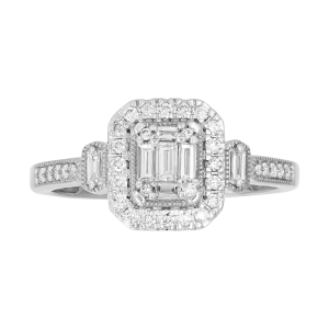 14K White Gold Emerald Head Halo Diamond Ring