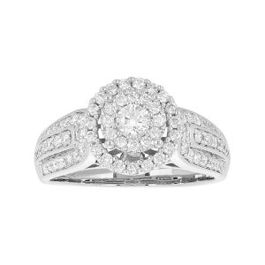 14k White Gold Round Halo Cluster Wide Band Engagement Ring