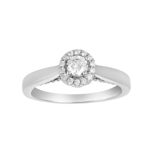 14k white gold round halo crown design diamond ring front view