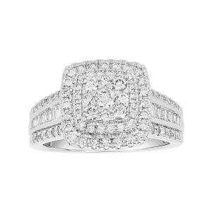 14k white gold cushion head cluster with baguettes and round diamond ring front view
