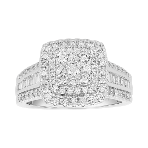 14k white gold cushion head cluster with baguettes and round diamond ring front view