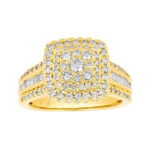 14k yellow gold cushion head cluster with baguettes and round diamond ring front view