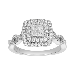 14k white gold cushion quad with twist shank diamond ring front view