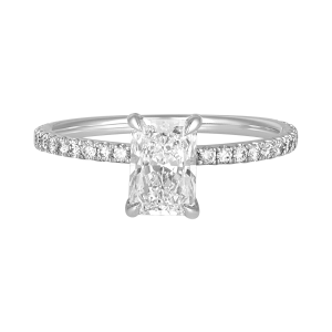 14k white gold radiant hidden halo lab grown diamond ring front view