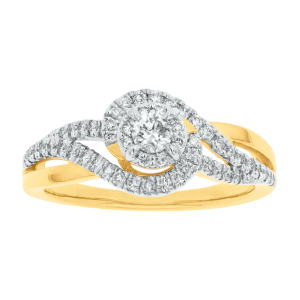 14k two tone gold halo swirl diamond ring front view