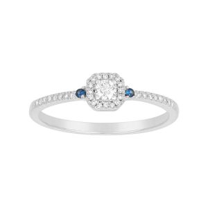 10K White Gold Square Head with Side Sapphires Diamond Ring 