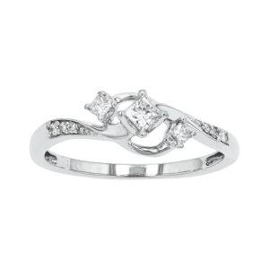 14k white gold princess cut 3 stone swirl diamond ring front view