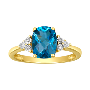 14k yellow gold cushion london blue topaz diamond ring front view