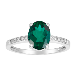 14K White Gold Oval Emerald Diamond Ring