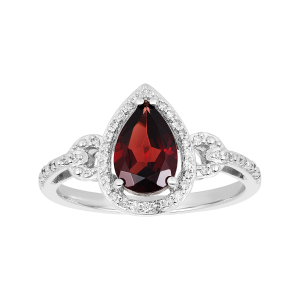 14k white gold pear shaped garnet halo diamond ring front view